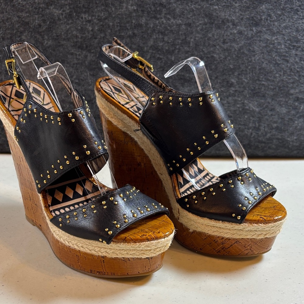 Jessica Simpson Black and Brown Studded Wedges